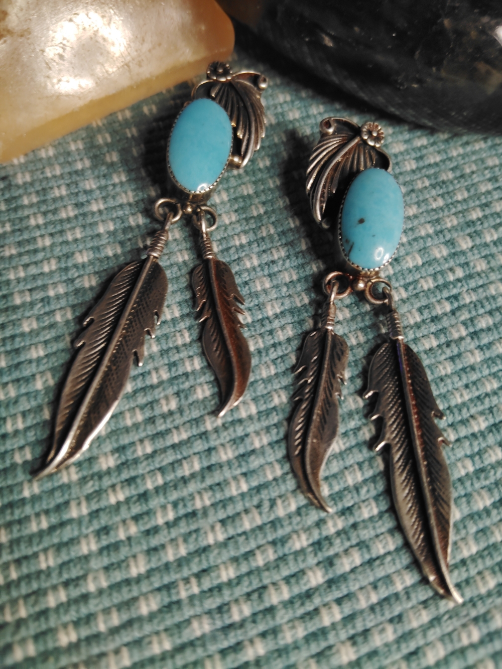 Turquoise Stone Feather Drop Earrings - Silver Tone